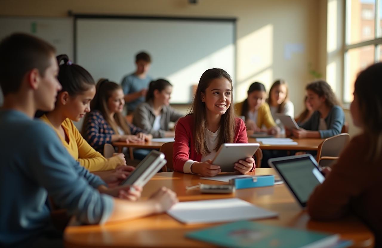 Interactieve digitale klaslokaal met studenten en tablets